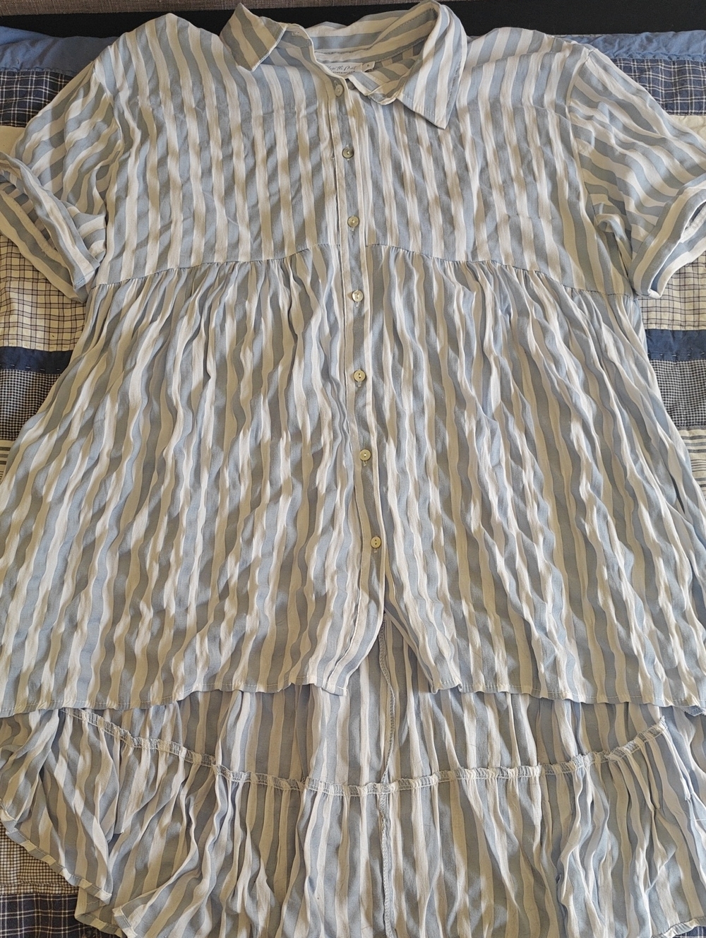 Women's Blue and White Striped Button-Front Tunic Blouse